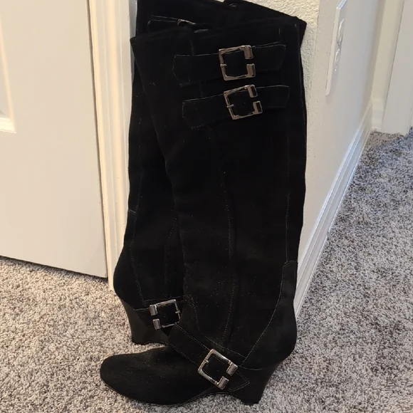 Naughty Monkey Black Suede Heeled Boots with Buckles - Picture 1 of 8